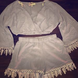 Purple low cut tassel design two piece outfit